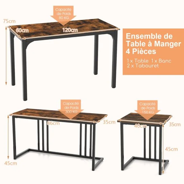 Ensemble Table de Cuisine 2 Banc 2 Tabourets Style Industriel Cadre en Métal Marron Rustique et Noir/Marron