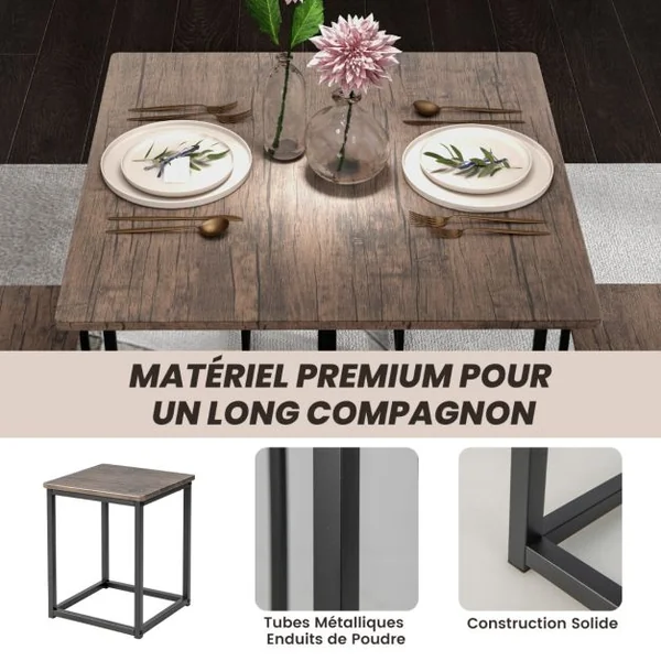 Ensemble Table de Salle à Manger avec 4 Tabourets Cadre en Métal Industrielle Patins Réglables Gris