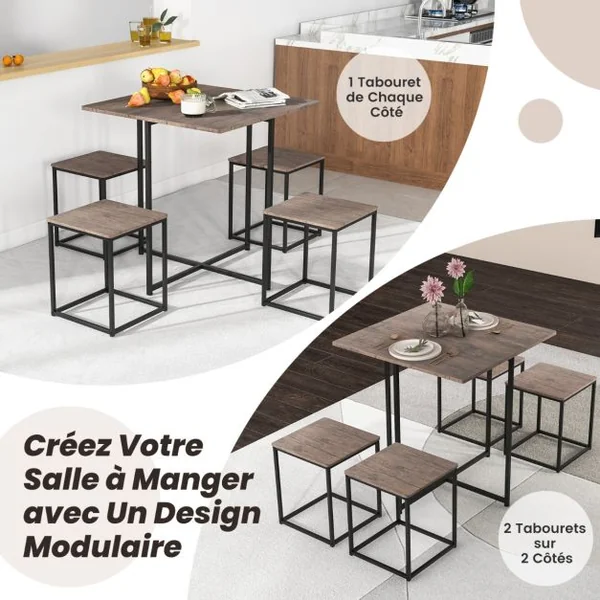 Ensemble Table de Salle à Manger avec 4 Tabourets Cadre en Métal Industrielle Patins Réglables Gris