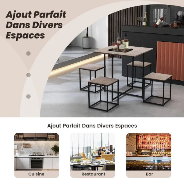 Ensemble Table de Salle à Manger avec 4 Tabourets Cadre en Métal Industrielle Patins Réglables Gris