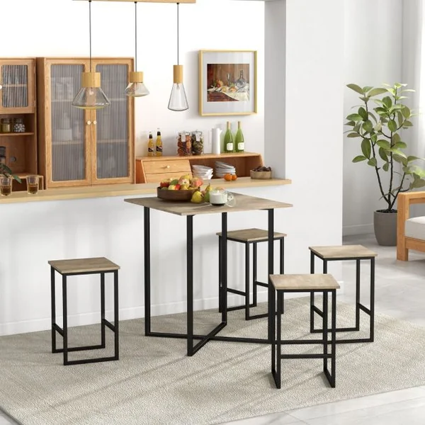 Ensemble Table de Salle à Manger avec 4 Tabourets Cadre en Métal Industrielle Patins Réglables Marron