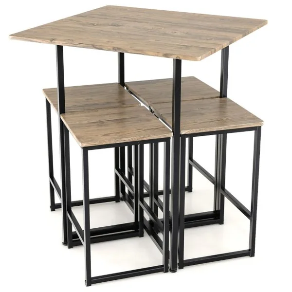 Ensemble Table de Salle à Manger avec 4 Tabourets Cadre en Métal Industrielle Patins Réglables Marron