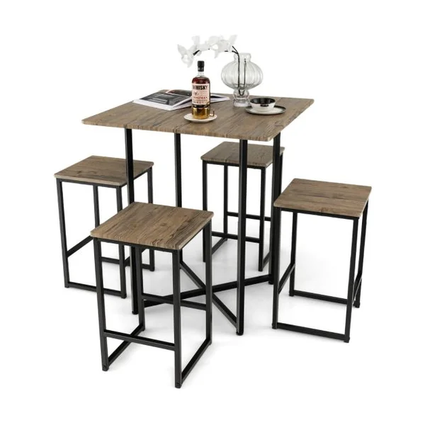Ensemble Table de Salle à Manger avec 4 Tabourets Cadre en Métal Industrielle Patins Réglables Marron