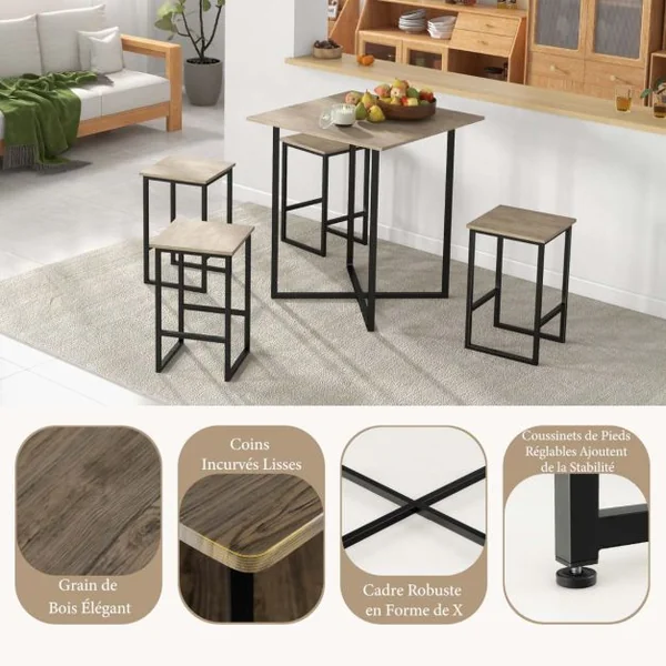 Ensemble Table de Salle à Manger avec 4 Tabourets Cadre en Métal Industrielle Patins Réglables Marron