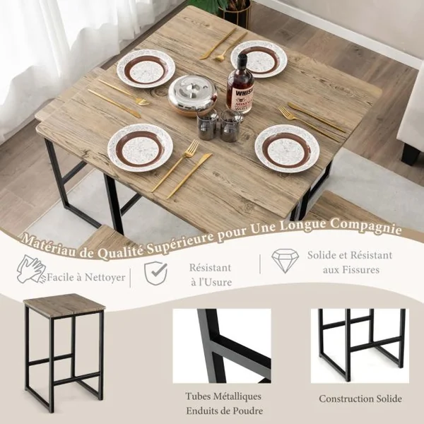 Ensemble Table de Salle à Manger avec 4 Tabourets Cadre en Métal Industrielle Patins Réglables Marron