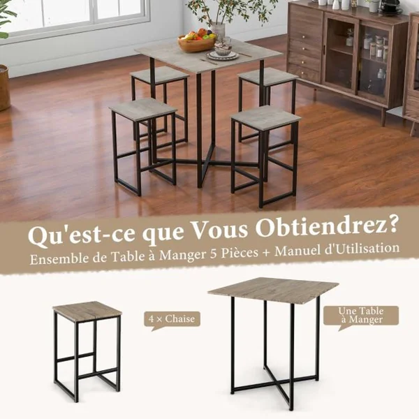Ensemble Table de Salle à Manger avec 4 Tabourets Cadre en Métal Industrielle Patins Réglables Marron