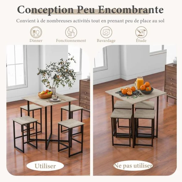 Ensemble Table de Salle à Manger avec 4 Tabourets Cadre en Métal Industrielle Patins Réglables Marron