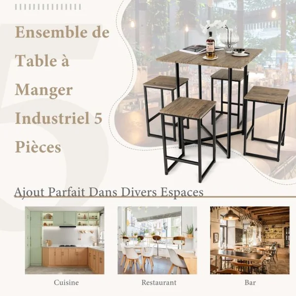 Ensemble Table de Salle à Manger avec 4 Tabourets Cadre en Métal Industrielle Patins Réglables Marron