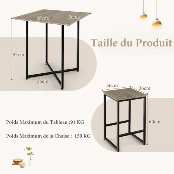 Ensemble Table de Salle à Manger avec 4 Tabourets Cadre en Métal Industrielle Patins Réglables Marron