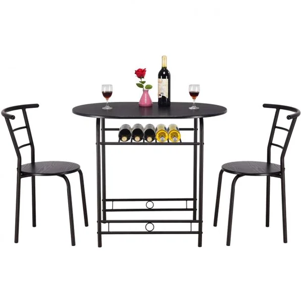 Ensemble Table de Salle à Manger Cuisine 1 Table et 2 Chaises en MDF Cadre en Tubes Acier 1 étagère porte-bouteilles Noir