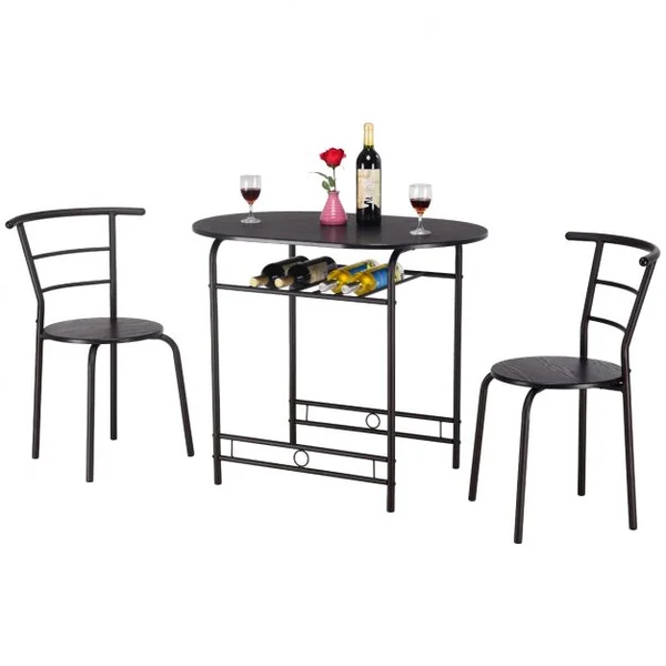 Ensemble Table de Salle à Manger Cuisine 1 Table et 2 Chaises en MDF Cadre en Tubes Acier 1 étagère porte-bouteilles Noir