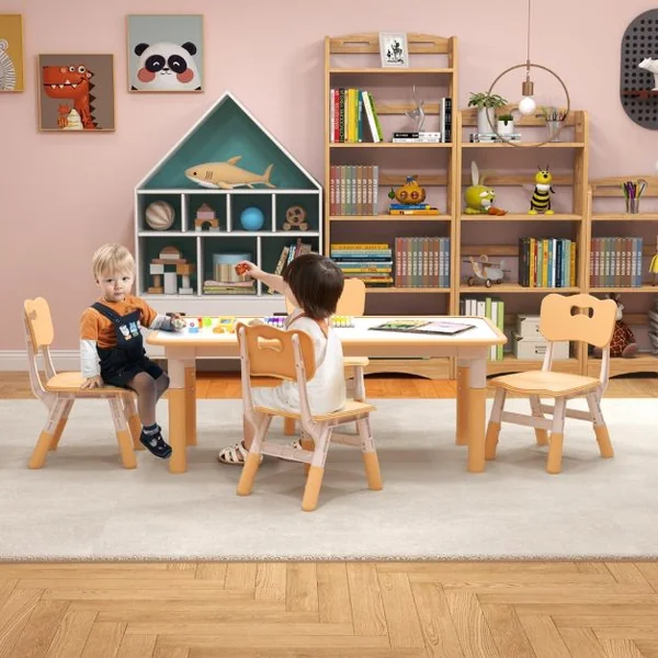 Ensemble Table Enfant et 4 Chaises Bureau Réglable en Hauteur avec Plateau Graffiti Pieds Antidérapants Table Multifonction Vert/Naturel/Rose