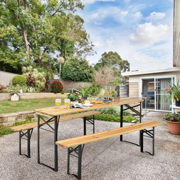 Ensemble Table et 2 Bancs Pliante de Camping 4 Personnes Structure en Acier Table Bois de Sapin Imperméable Charge 300KG