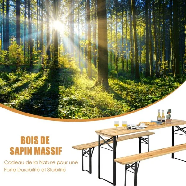 Ensemble Table et 2 Bancs Pliante de Camping 4 Personnes Structure en Acier Table Bois de Sapin Imperméable Charge 300KG