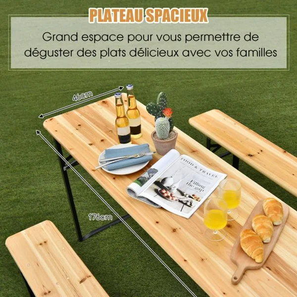 Ensemble Table et 2 Bancs Pliante de Camping 4 Personnes Structure en Acier Table Bois de Sapin Imperméable Charge 300KG