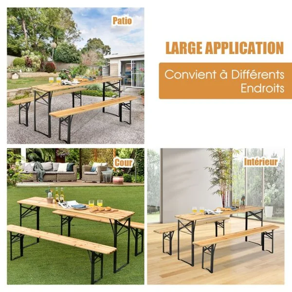 Ensemble Table et 2 Bancs Pliante de Camping 4 Personnes Structure en Acier Table Bois de Sapin Imperméable Charge 300KG