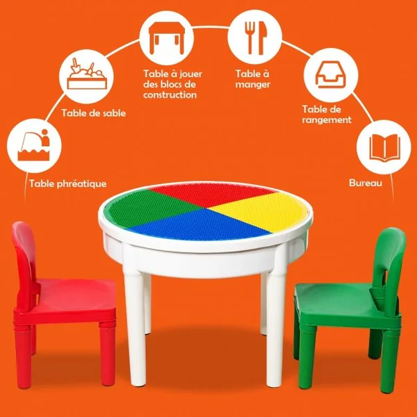 Ensemble Table et 2 Chaises 3 en 1 pour Enfants +3 Ans Table Multi-usage D’activités avec 300 Blocs de Constructions