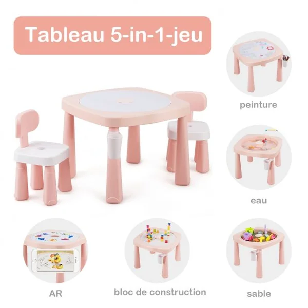 Ensemble Table et 2 Chaises Multi-usage 5 en 1 pour Enfant de 3-8 Ans Technologie Ar Blocs de Construction en Pp Rose