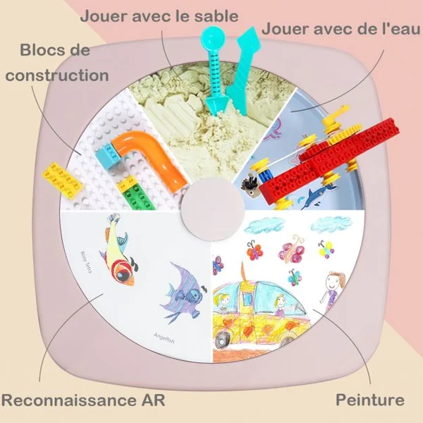 Ensemble Table et 2 Chaises Multi-usage 5 en 1 pour Enfant de 3-8 Ans Technologie Ar Blocs de Construction en Pp Rose