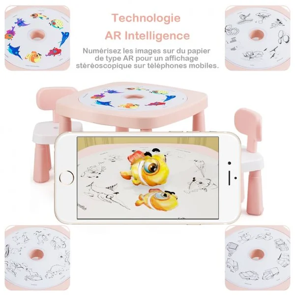 Ensemble Table et 2 Chaises Multi-usage 5 en 1 pour Enfant de 3-8 Ans Technologie Ar Blocs de Construction en Pp Rose