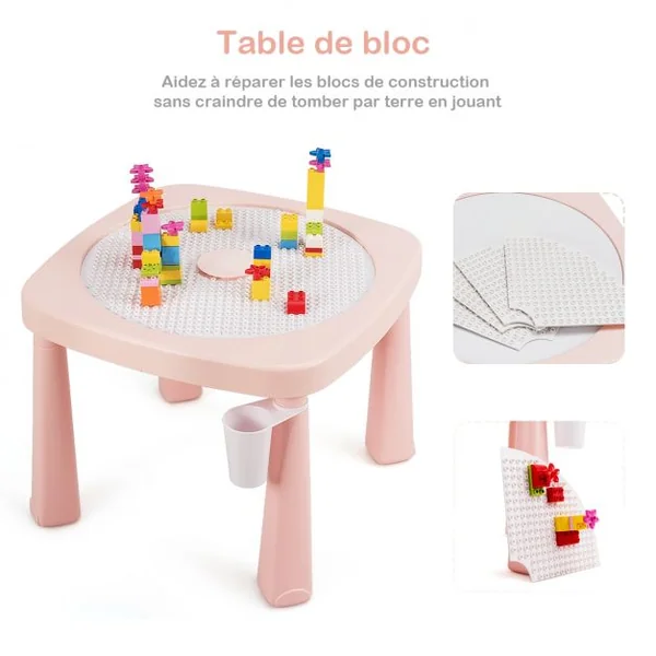 Ensemble Table et 2 Chaises Multi-usage 5 en 1 pour Enfant de 3-8 Ans Technologie Ar Blocs de Construction en Pp Rose