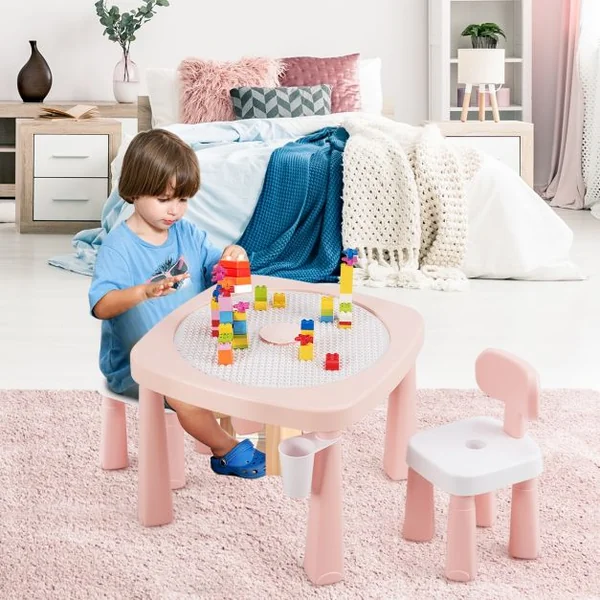 Ensemble Table et 2 Chaises Multi-usage 5 en 1 pour Enfant de 3-8 Ans Technologie Ar Blocs de Construction en Pp Rose