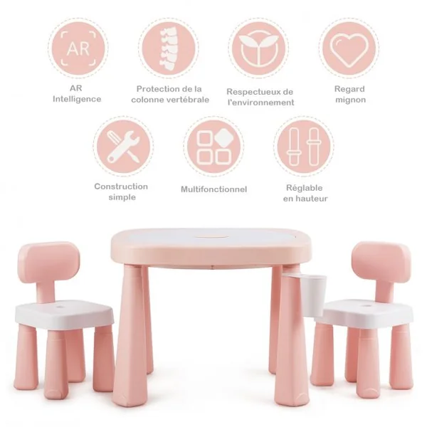Ensemble Table et 2 Chaises Multi-usage 5 en 1 pour Enfant de 3-8 Ans Technologie Ar Blocs de Construction en Pp Rose