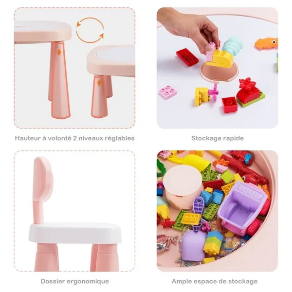 Ensemble Table et 2 Chaises Multi-usage 5 en 1 pour Enfant de 3-8 Ans Technologie Ar Blocs de Construction en Pp Rose
