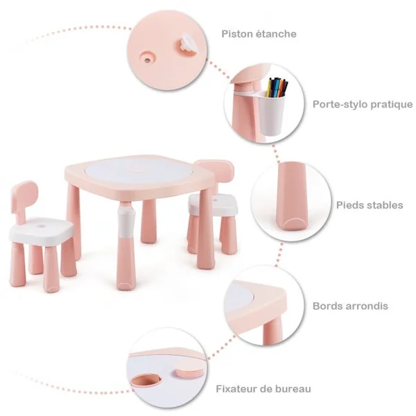 Ensemble Table et 2 Chaises Multi-usage 5 en 1 pour Enfant de 3-8 Ans Technologie Ar Blocs de Construction en Pp Rose