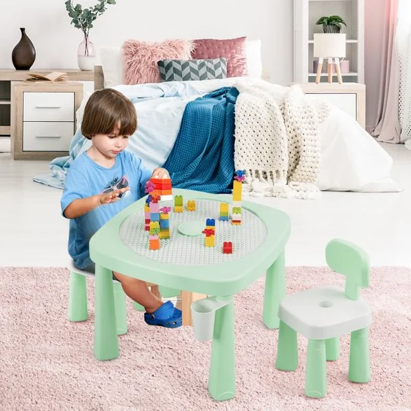 Ensemble Table et 2 Chaises Multi-usage 5 en 1 pour Enfant de 3-8 Ans Technologie Ar Blocs de Construction en Pp Vert