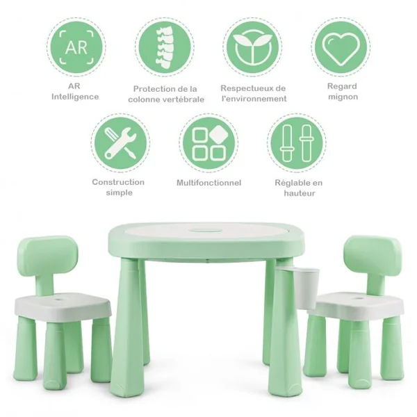 Ensemble Table et 2 Chaises Multi-usage 5 en 1 pour Enfant de 3-8 Ans Technologie Ar Blocs de Construction en Pp Vert