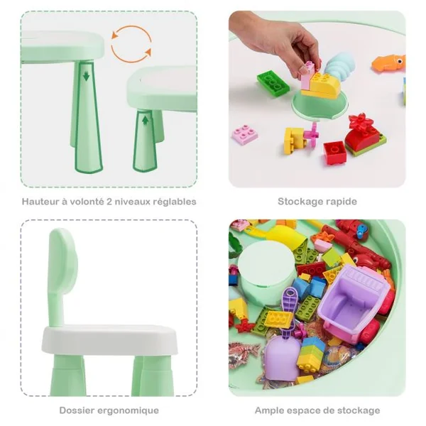 Ensemble Table et 2 Chaises Multi-usage 5 en 1 pour Enfant de 3-8 Ans Technologie Ar Blocs de Construction en Pp Vert