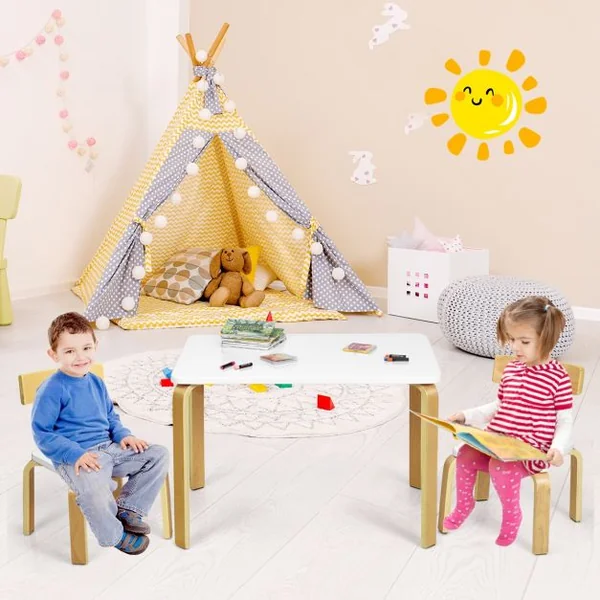 Ensemble Table et 2 Chaises pour Enfant Capacité Chaise 100kg Table 40kg en Bois de Peuplier et Bouleau Courbés Blanc