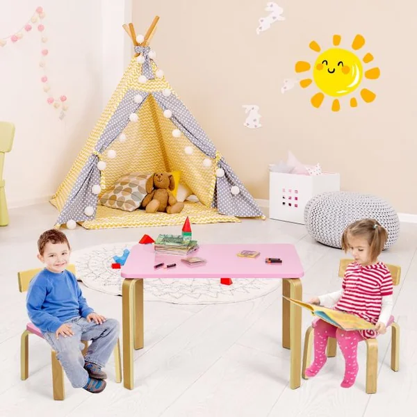 Ensemble Table et 2 Chaises pour Enfant Capacité Chaise 100kg Table 40kg en Bois de Peuplier et Bouleau Courbés Rose