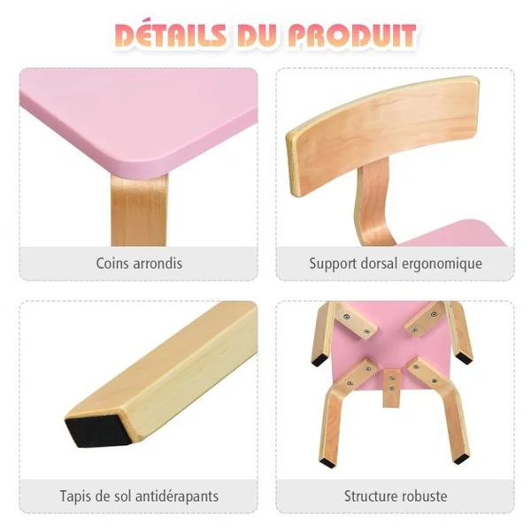 Ensemble Table et 2 Chaises pour Enfant Capacité Chaise 100kg Table 40kg en Bois de Peuplier et Bouleau Courbés Rose