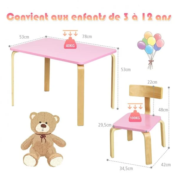 Ensemble Table et 2 Chaises pour Enfant Capacité Chaise 100kg Table 40kg en Bois de Peuplier et Bouleau Courbés Rose