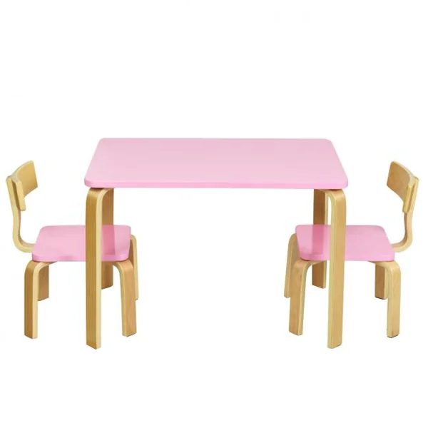 Ensemble Table et 2 Chaises pour Enfant Capacité Chaise 100kg Table 40kg en Bois de Peuplier et Bouleau Courbés Rose
