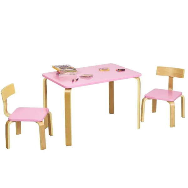 Ensemble Table et 2 Chaises pour Enfant Capacité Chaise 100kg Table 40kg en Bois de Peuplier et Bouleau Courbés Rose