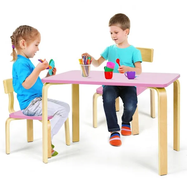 Ensemble Table et 2 Chaises pour Enfant Capacité Chaise 100kg Table 40kg en Bois de Peuplier et Bouleau Courbés Rose