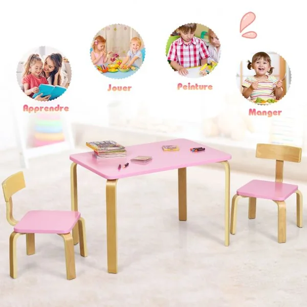 Ensemble Table et 2 Chaises pour Enfant Capacité Chaise 100kg Table 40kg en Bois de Peuplier et Bouleau Courbés Rose