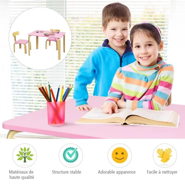 Ensemble Table et 2 Chaises pour Enfant Capacité Chaise 100kg Table 40kg en Bois de Peuplier et Bouleau Courbés Rose