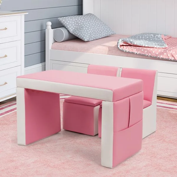 Ensemble table et 2 chaises pour enfant en bois léger mousse PVC Chaise et Table Transformable Capacité 50kg Rose