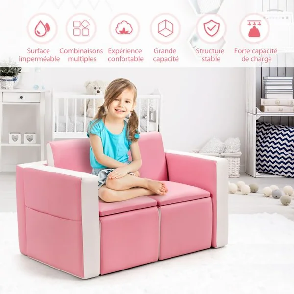 Ensemble table et 2 chaises pour enfant en bois léger mousse PVC Chaise et Table Transformable Capacité 50kg Rose