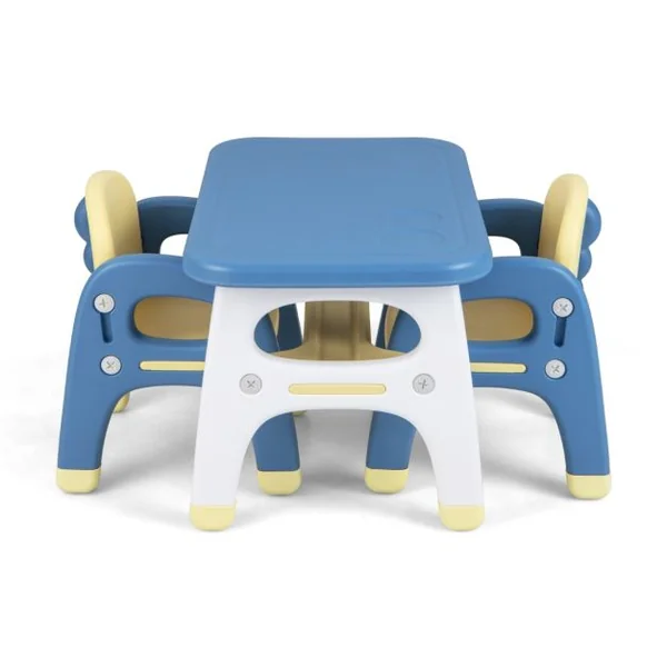 Ensemble Table et 2 Chaises pour Enfants 3 Pièces avec Etagère de Rangement Design Dinosaure 3 Ans+ Bleu et Jaune