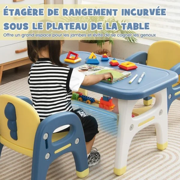 Ensemble Table et 2 Chaises pour Enfants 3 Pièces avec Etagère de Rangement Design Dinosaure 3 Ans+ Bleu et Jaune