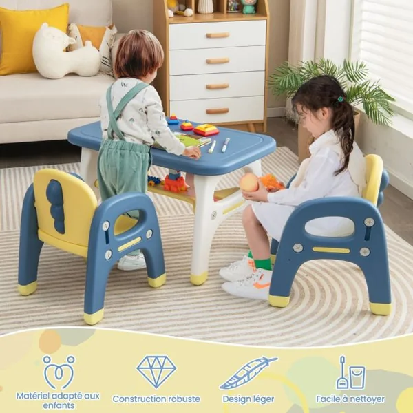 Ensemble Table et 2 Chaises pour Enfants 3 Pièces avec Etagère de Rangement Design Dinosaure 3 Ans+ Bleu et Jaune