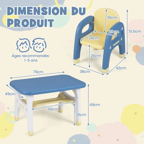 Ensemble Table et 2 Chaises pour Enfants 3 Pièces avec Etagère de Rangement Design Dinosaure 3 Ans+ Bleu et Jaune