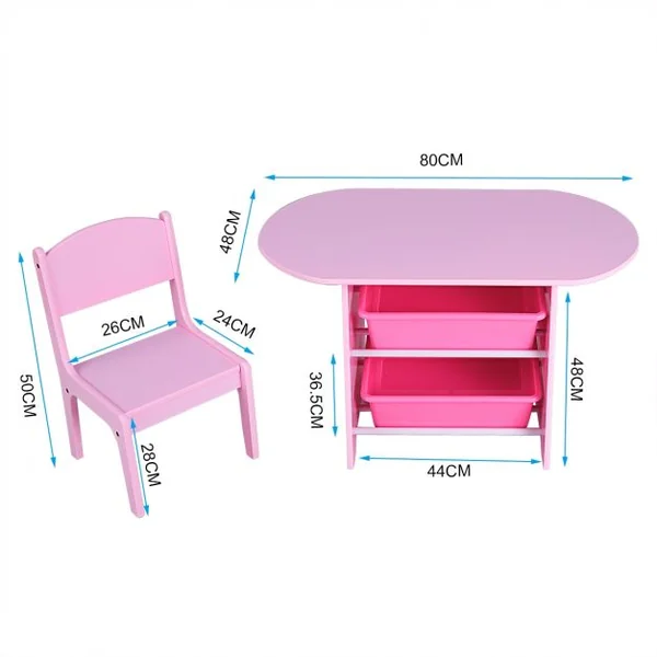 Ensemble Table et 2 Chaises pour Enfants avec 2 Bacs de Rangement en Bois Table 80x48x48cm Chaise 26x24x50cm Rose