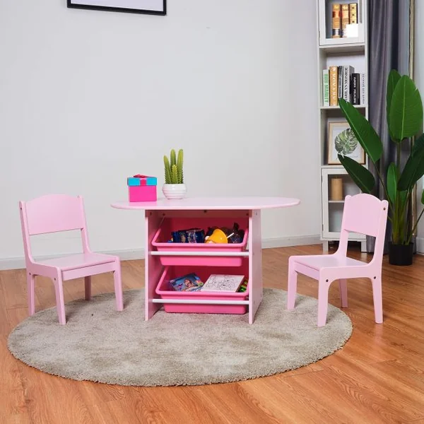 Ensemble Table et 2 Chaises pour Enfants avec 2 Bacs de Rangement en Bois Table 80x48x48cm Chaise 26x24x50cm Rose