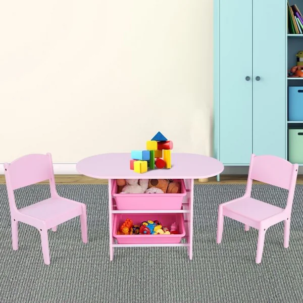 Ensemble Table et 2 Chaises pour Enfants avec 2 Bacs de Rangement en Bois Table 80x48x48cm Chaise 26x24x50cm Rose